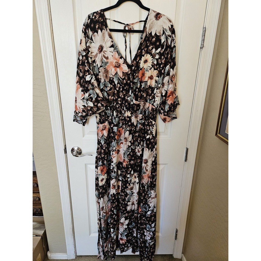 ODDI Multicolor Kimono Sleeves V-Neck Smocked Waist Side Slits Maxi Dress 3X